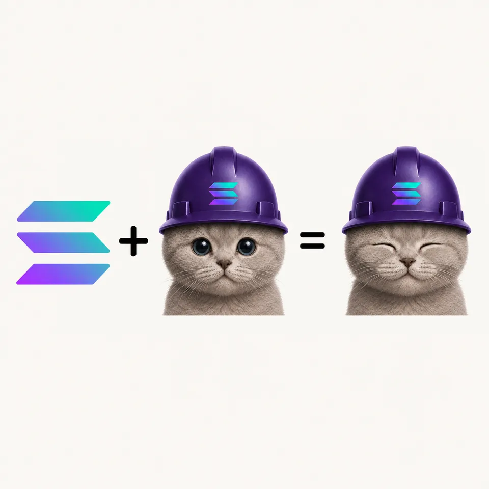 The Solana logo plus a cat in a purple hard hat equals SOLCAT