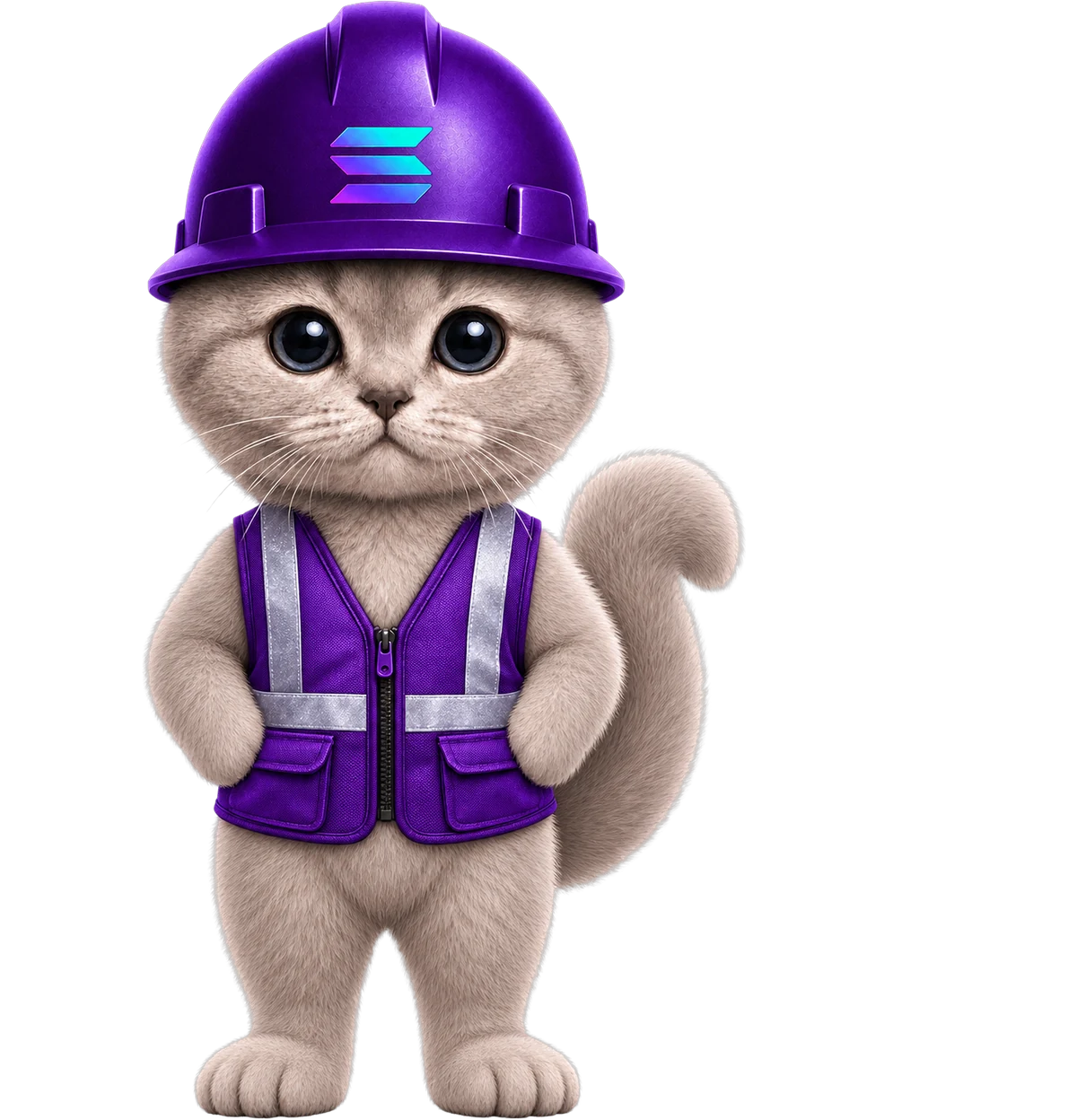 The SOLCAT mascot: a grey cat standing upright in a purple Solana hard hat and safety vest